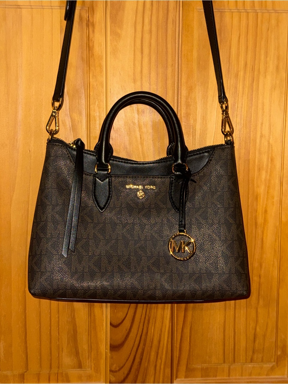 Michael Kors Brown and Black Signature Satchel with Gold Hardware